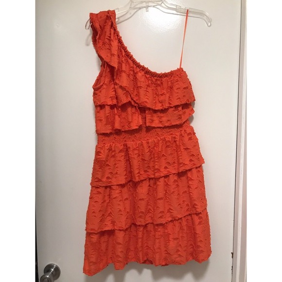 LC Lauren Conrad Women Orange Off One Shoulder Layer Flounce Dress Medium NWT - Picture 3 of 3